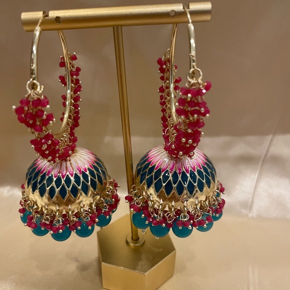Jhumki & Meenakari Earrings in blue and pink - Picture 3 of 3